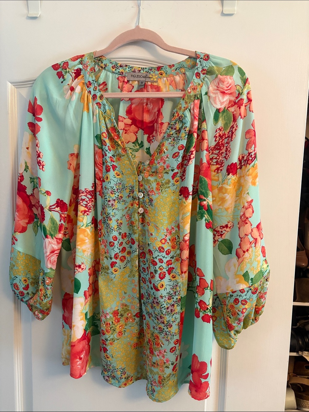 Figleaves Aqua Floral Peasant Tunic with Button Front